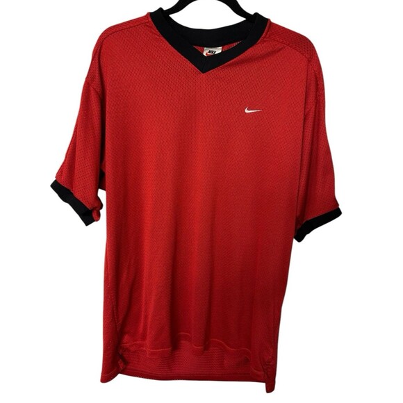 Vintage 90s Nike Fit Mens Shirt Red Mesh Swoosh Warmup Short Sleeves White Tag M - Picture 1 of 9
